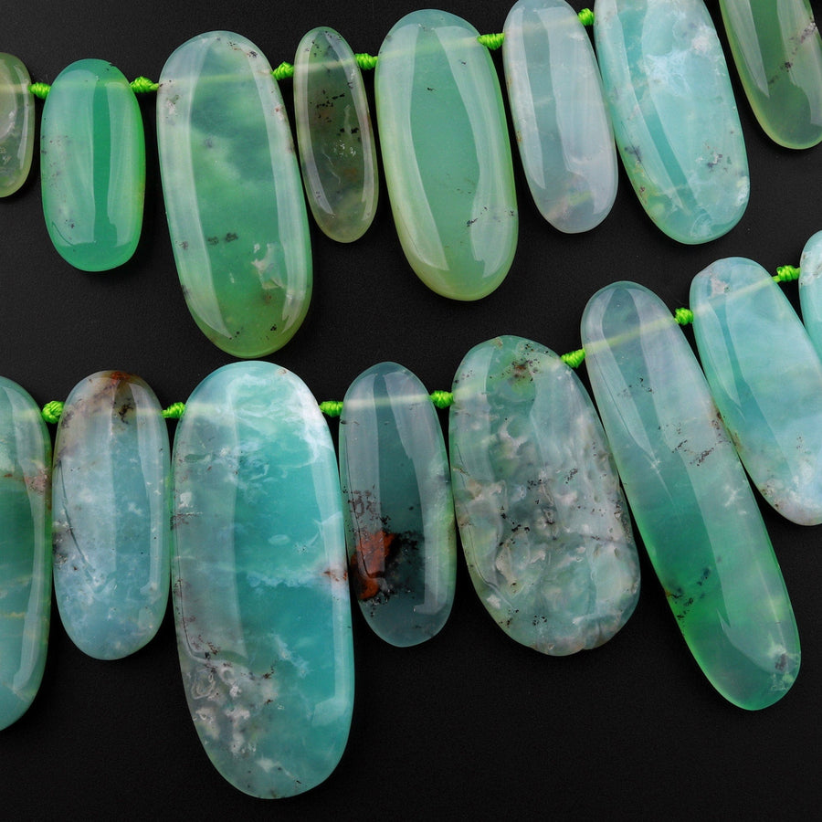 Large Natural Bicolor Green Brown Australian Chrysoprase Beads Nuggets Top Side Drilled Long Oval Focal Bead Pendant 15.5" Strand