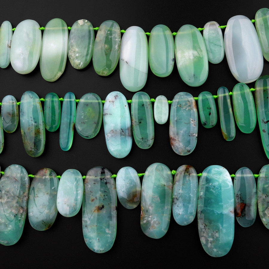 Large Natural Bicolor Green Brown Australian Chrysoprase Beads Nuggets Top Side Drilled Long Oval Focal Bead Pendant 15.5" Strand