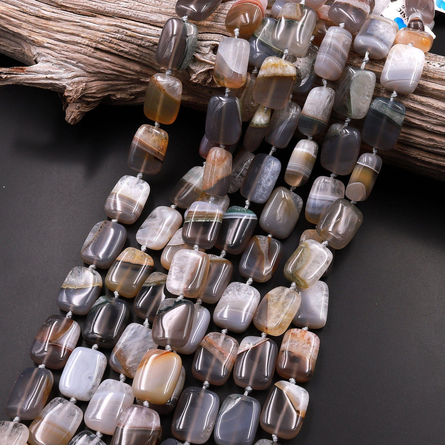 Rare Natural Phantom Agate Beads 20mm Smooth Puffy Rectangle Multicolor Gray Brown Red Green Crystal 15.5" Strand