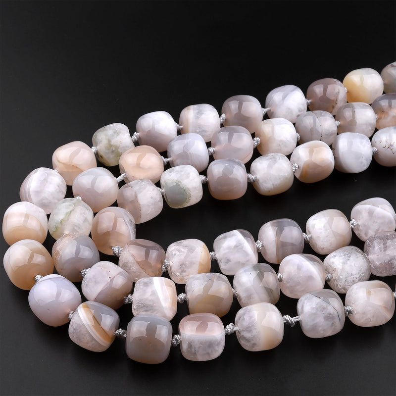 Rare Natural Phantom Agate Beads Barrel Drum Cylinder Earthy Gray White Crystal 15.5" Strand