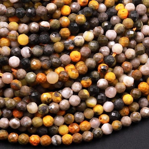 Faceted Natural Bumble Bee Jasper 3mm 4mm Beads Micro Diamond Cut Gemstone 15.5" Strand