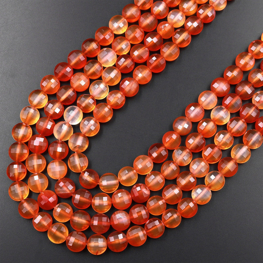 Natural Carnelian Faceted 6mm 8mm 10mm Coin Beads Fiery Orange Red Gemstone 15.5" Strand