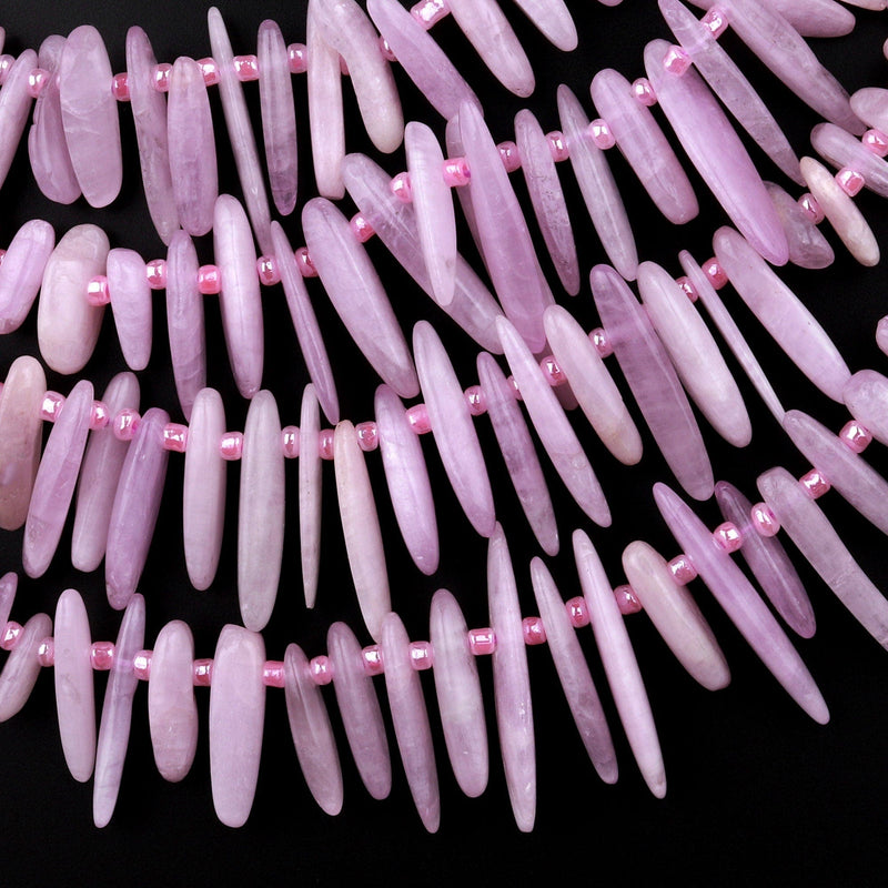Natural Kunzite Freeform Long Spike Beads Top Side Drilled Lilac Pink Gemstone 15.5" Strand
