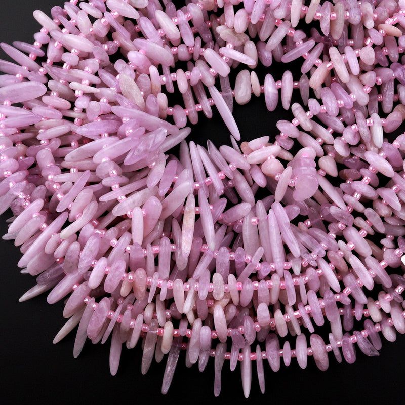 Natural Kunzite Freeform Long Spike Beads Top Side Drilled Lilac Pink Gemstone 15.5" Strand