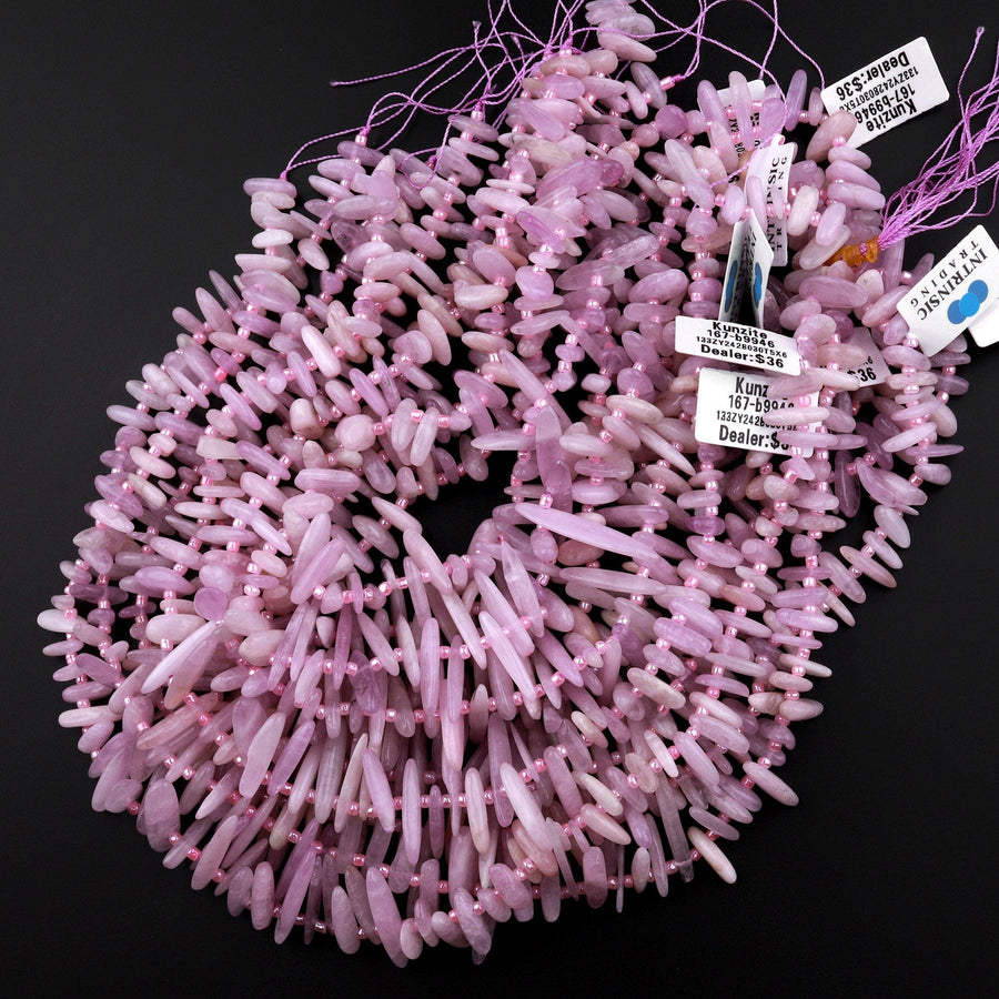 Natural Kunzite Freeform Long Spike Beads Top Side Drilled Lilac Pink Gemstone 15.5" Strand