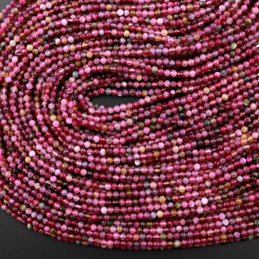 Micro Faceted Natural Pink Red Tourmaline Faceted 3mm Round Beads Gemstone 15.5" Strand