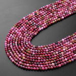 Micro Faceted Natural Pink Red Tourmaline Faceted 3mm Round Beads Gemstone 15.5" Strand