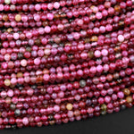 Micro Faceted Natural Pink Red Tourmaline Faceted 3mm Round Beads Gemstone 15.5" Strand