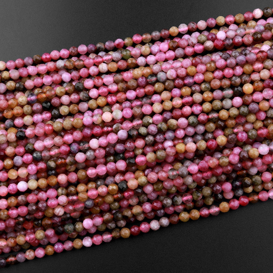 Micro Faceted Natural Multicolor Pink Green Yellow Tourmaline Faceted 3mm Round Beads Gemstone 15.5" Strand