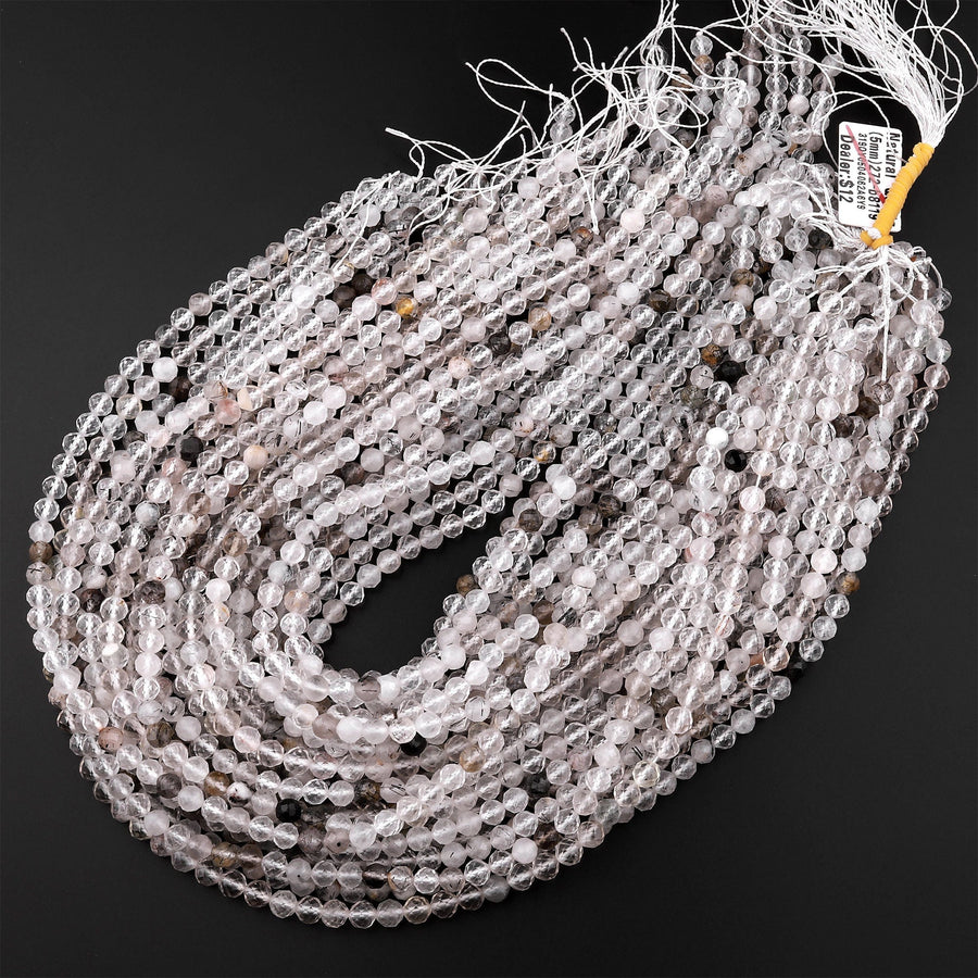 Micro Faceted Natural Clear Rock Quartz Round Beads 5mm Sparkling Diamond Cut Gemstone 15.5" Strand
