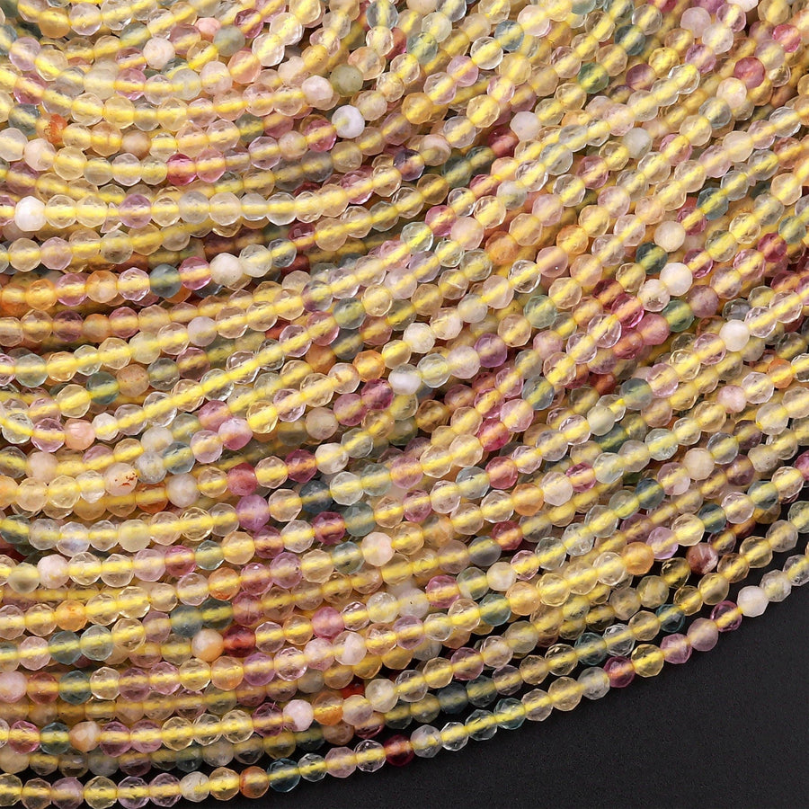 Natural Rainbow Fluorite Faceted 2mm 3mm Round Beads Yellow Purple Green Shaded 15.5" Strand