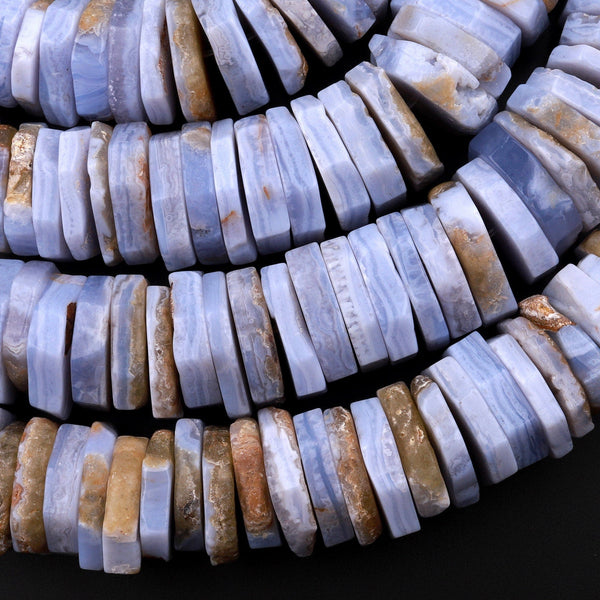 Huge Phenomenal Faceted Natural Blue Lace Agate Beads Center Drilled Rondelle Heishi Disc 15.5" Strand