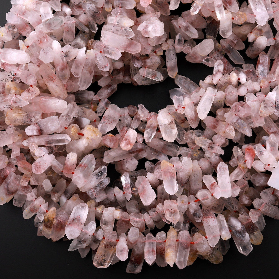 Rare Natural Red Lepidocrocite Quartz Beads Raw Freeform Top Side Drilled Crystal Spike Nuggets in Natural Shape 15.5" Strand