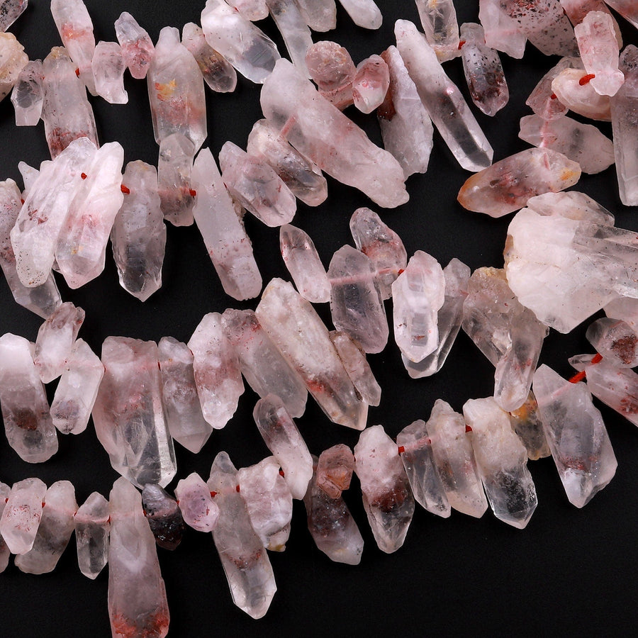 Rare Natural Red Lepidocrocite Quartz Beads Raw Freeform Top Side Drilled Crystal Spike Nuggets in Natural Shape 15.5" Strand