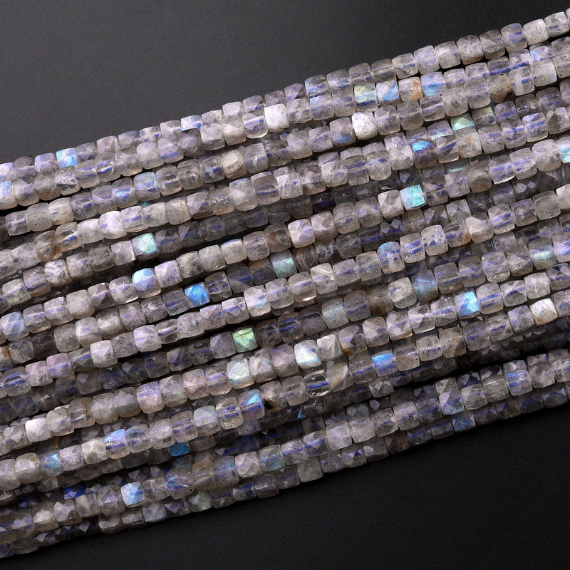Natural Blue Labradorite Micro Faceted 3mm 4mm Cube Dice Square Beads 15.5" Strand
