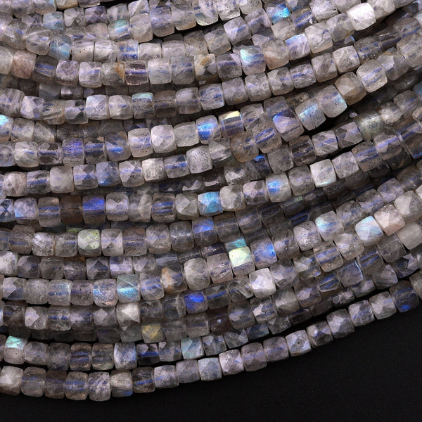 Natural Blue Labradorite Micro Faceted 3mm 4mm Cube Dice Square Beads 15.5" Strand