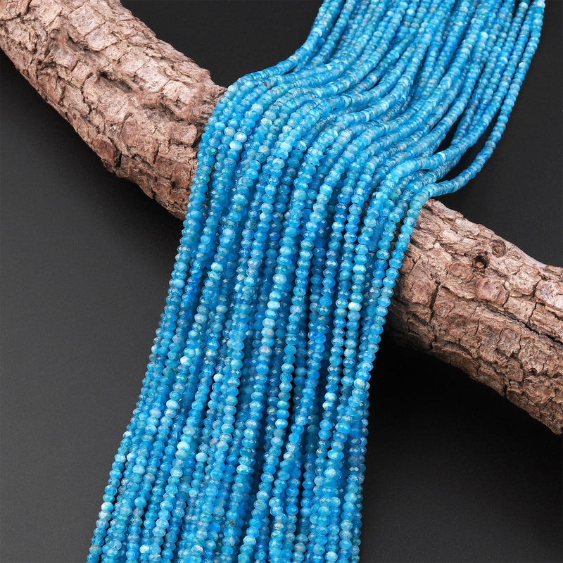 AAA Faceted Natural Blue Apatite 3mm Rondelle Beads Micro Cut Gemstone 15.5" Strand