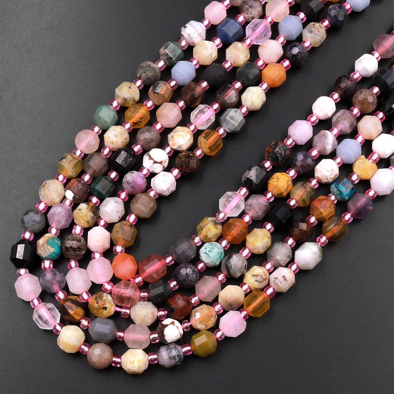 Mixed Multicolor Natural Gemstone Quartz Opal Faceted Prism Cut 6mm Round Beads Double Terminated Points 15.5" Strand