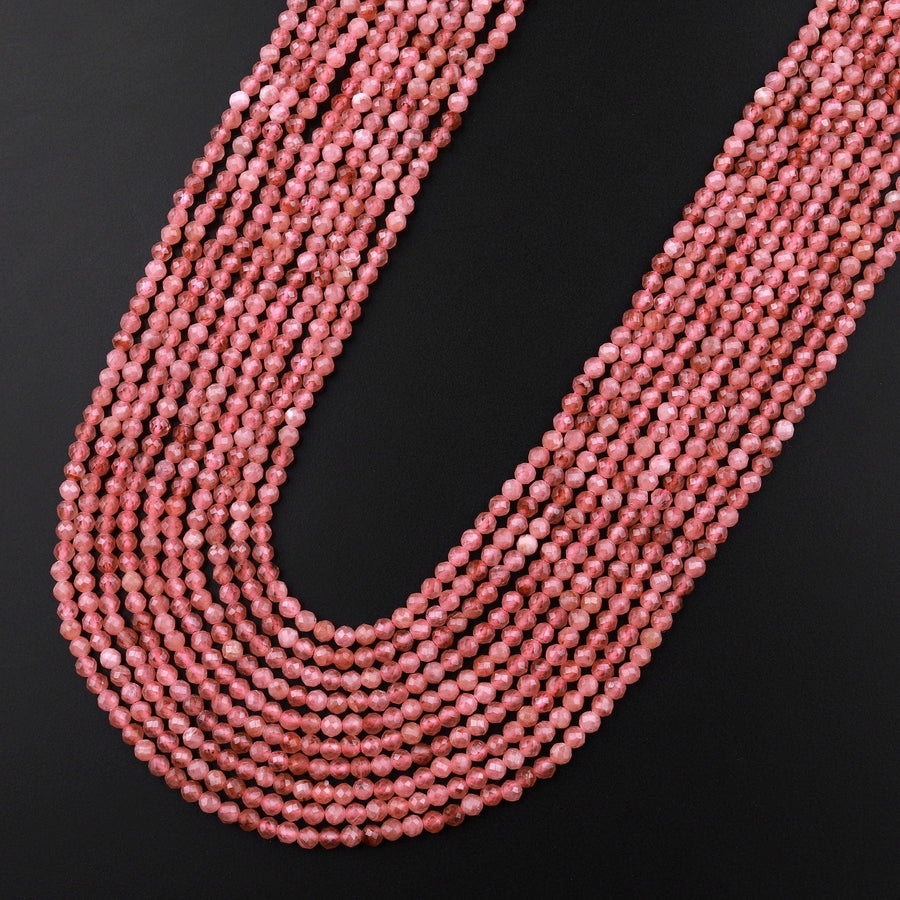 AAA Natural Rhodochrosite 2mm 3mm Faceted Round Beads Micro Laser Diamond Cut Genuine Red Pink Gemstone 15.5" Strand