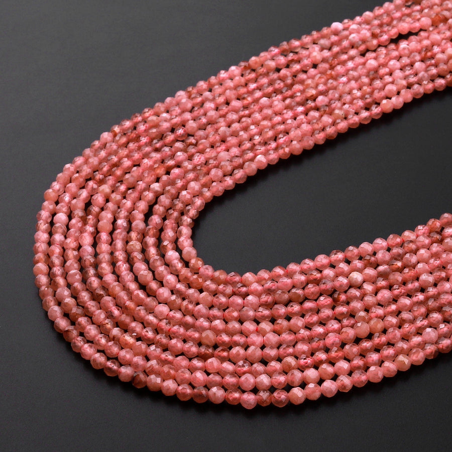 AAA Natural Rhodochrosite 2mm 3mm Faceted Round Beads Micro Laser Diamond Cut Genuine Red Pink Gemstone 15.5" Strand