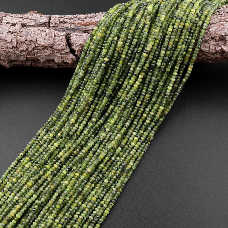Faceted Canadian Jade 3mm Rondelle Beads Micro Cut Natural Green Jade Gemstone 15.5" Strand