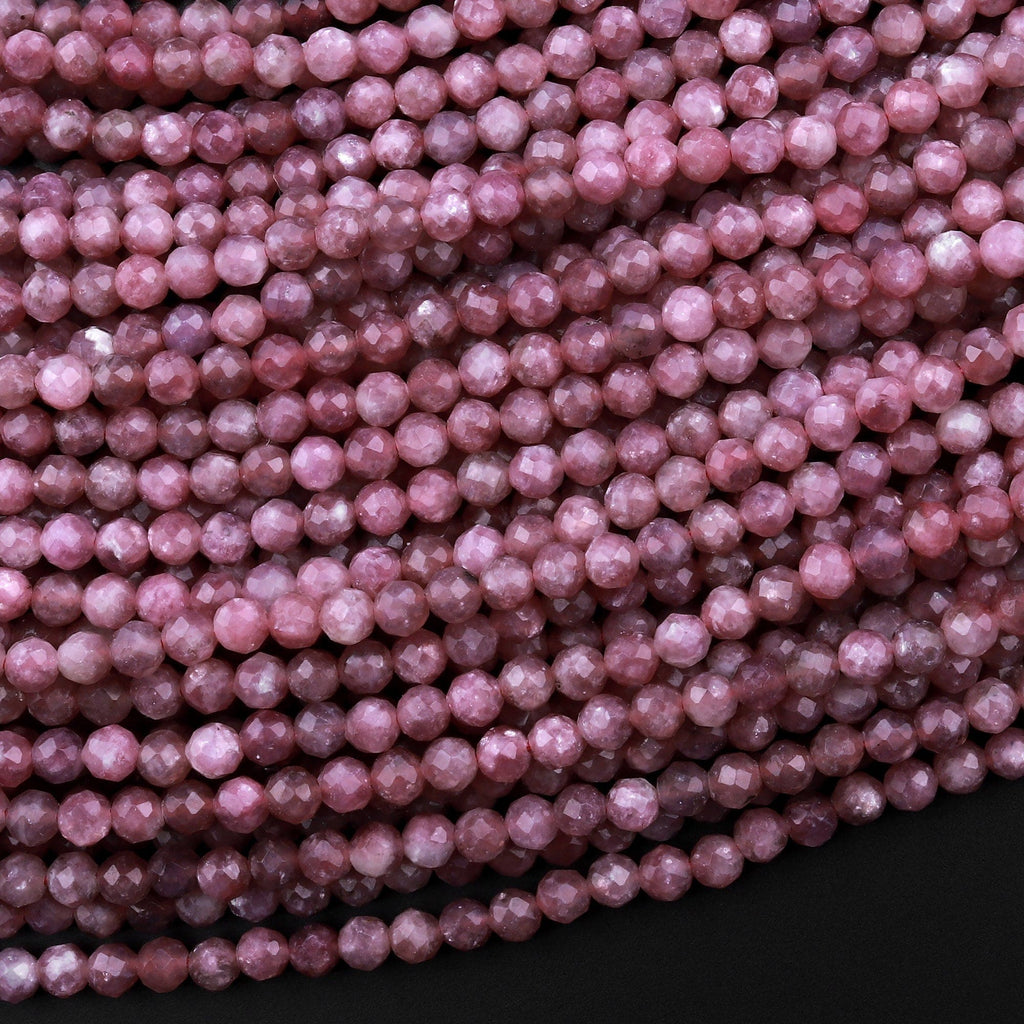 Micro Faceted Natural Mauve Purple Lepidolite Faceted Round 4mm Beads 15.5" Strand