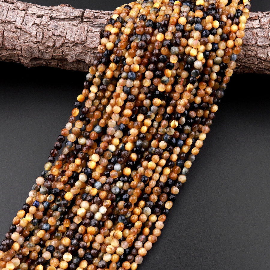 Micro Faceted Natural Blue Blonde Tiger's Eye 4mm Coin Beads Flat Disc Gemstone 15.5" Strand