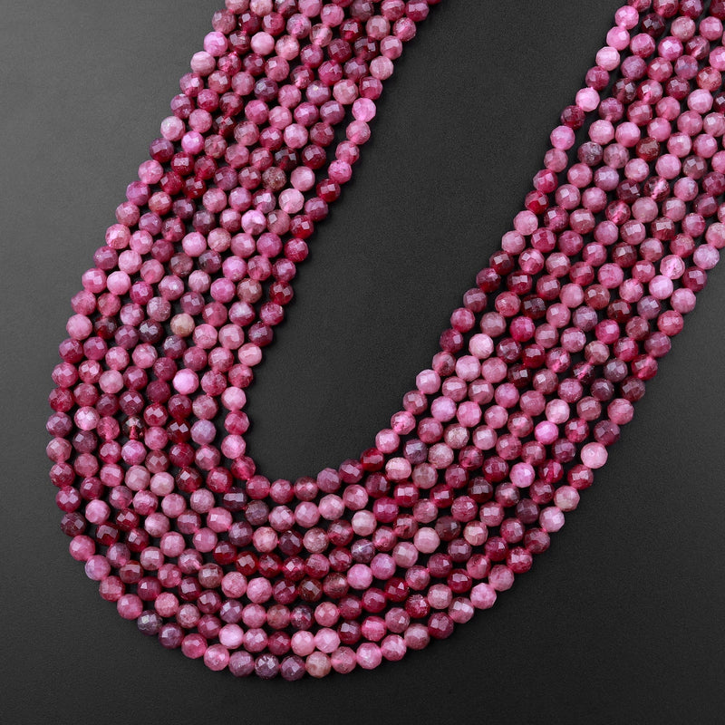 Micro Faceted Natural Pink Tourmaline Faceted 4mm Round Beads Diamond Cut Gemstone 15.5" Strand