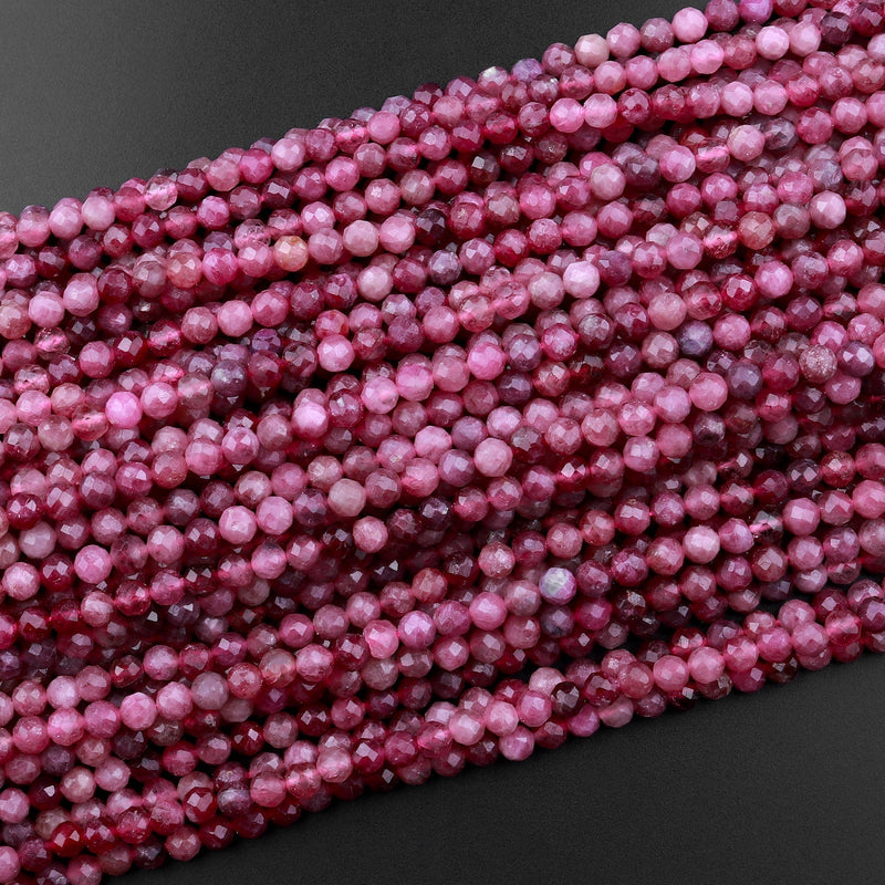 Micro Faceted Natural Pink Tourmaline Faceted 4mm Round Beads Diamond Cut Gemstone 15.5" Strand