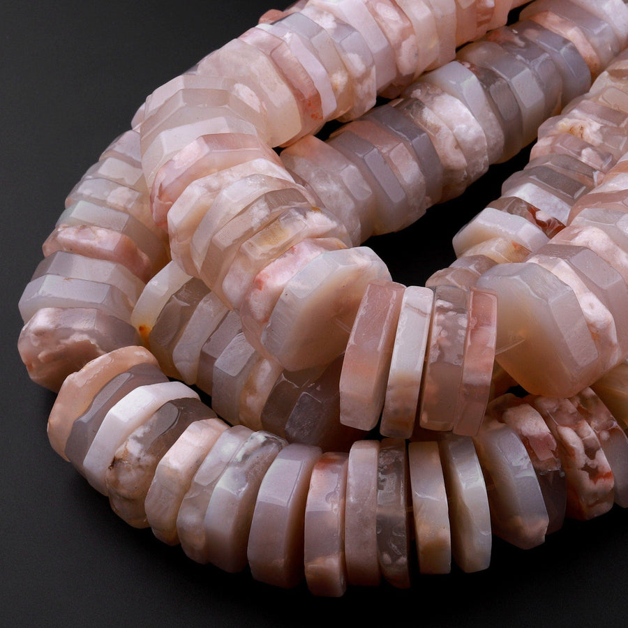 Huge Phenomenal Faceted Natural Cherry Blossom Agate Beads Center Drilled Rondelle Heishi Disc 15.5" Strand