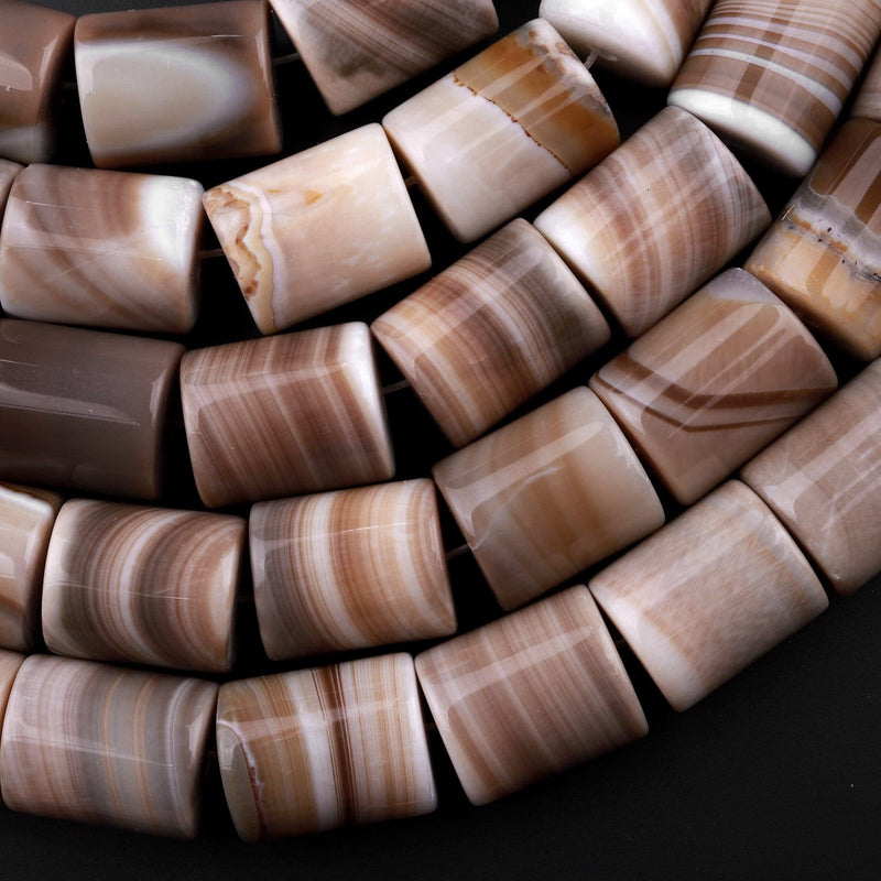 Large Natural Tibetan Agate Beads Highly Polished Smooth Cylinder Tube Amazing Creamy Brown Veins Bands Stripes 15.5" Strand
