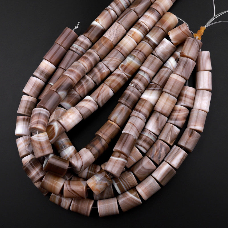 Large Natural Tibetan Agate Beads Highly Polished Smooth Cylinder Tube Amazing Creamy Brown Veins Bands Stripes 15.5" Strand