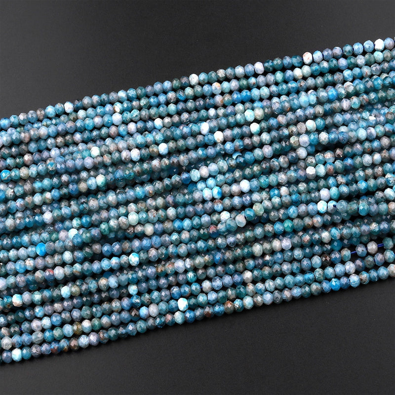 Faceted Natural Teal Blue Apatite 3mm Rondelle Beads Micro Cut Gemstone 15.5" Strand
