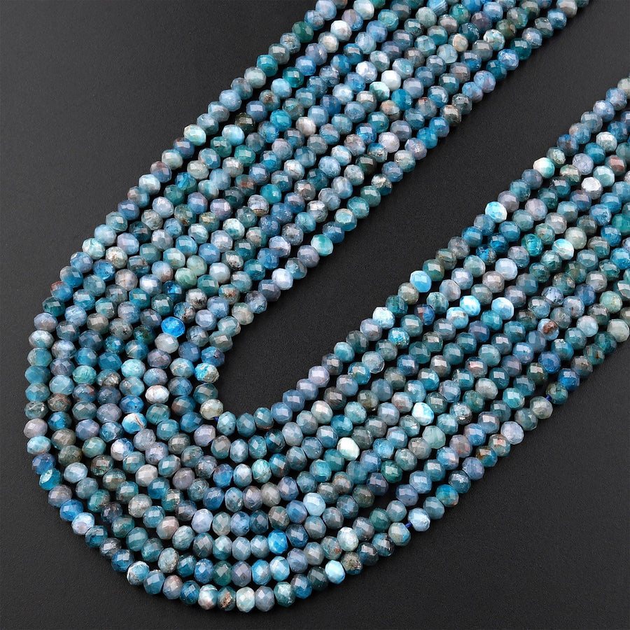 Faceted Natural Teal Blue Apatite 3mm Rondelle Beads Micro Cut Gemstone 15.5" Strand