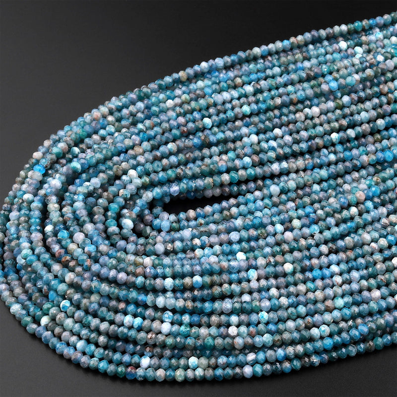 Faceted Natural Teal Blue Apatite 3mm Rondelle Beads Micro Cut Gemstone 15.5" Strand