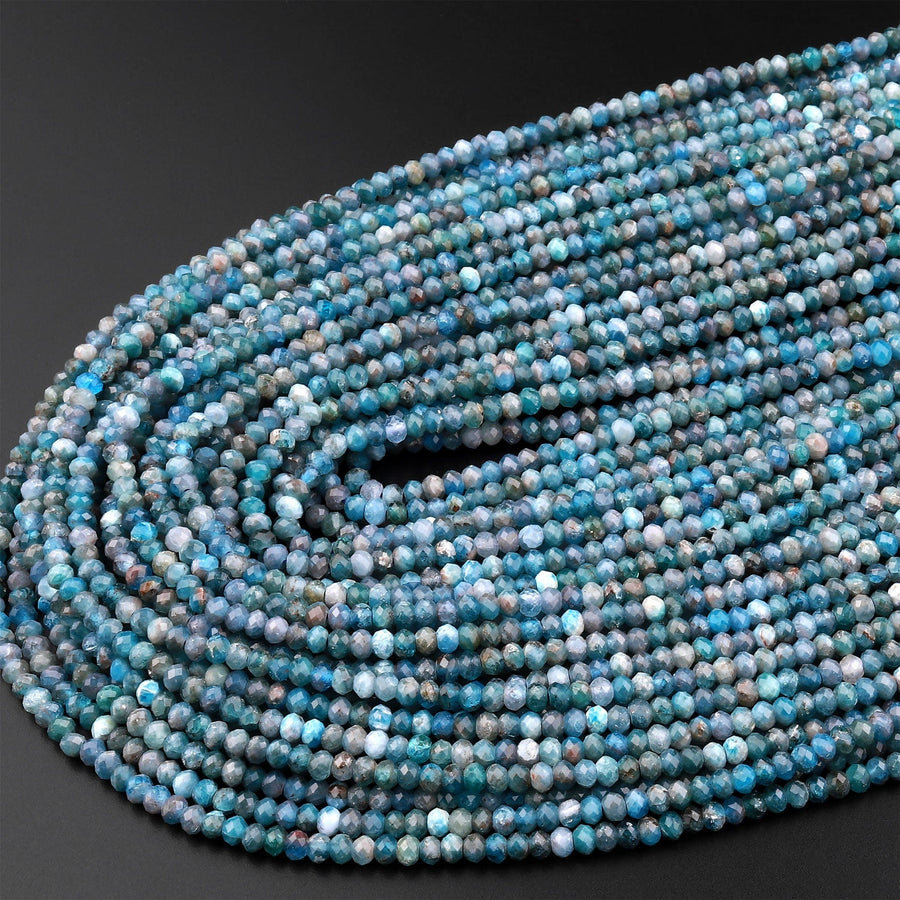 Faceted Natural Teal Blue Apatite 3mm Rondelle Beads Micro Cut Gemstone 15.5" Strand