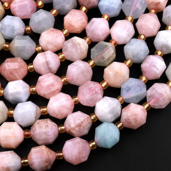 Faceted Natural Blue Aquamarine Pink Morganite 8mm 10mm Rounded Beads Energy Prism Double Point Cut 15.5" Strand