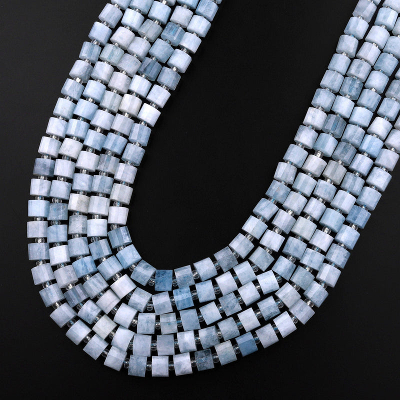 Natural Blue Aquamarine Faceted Rondelle Beads Short Cylinder Wheel Diamond Cut 15.5" Strand