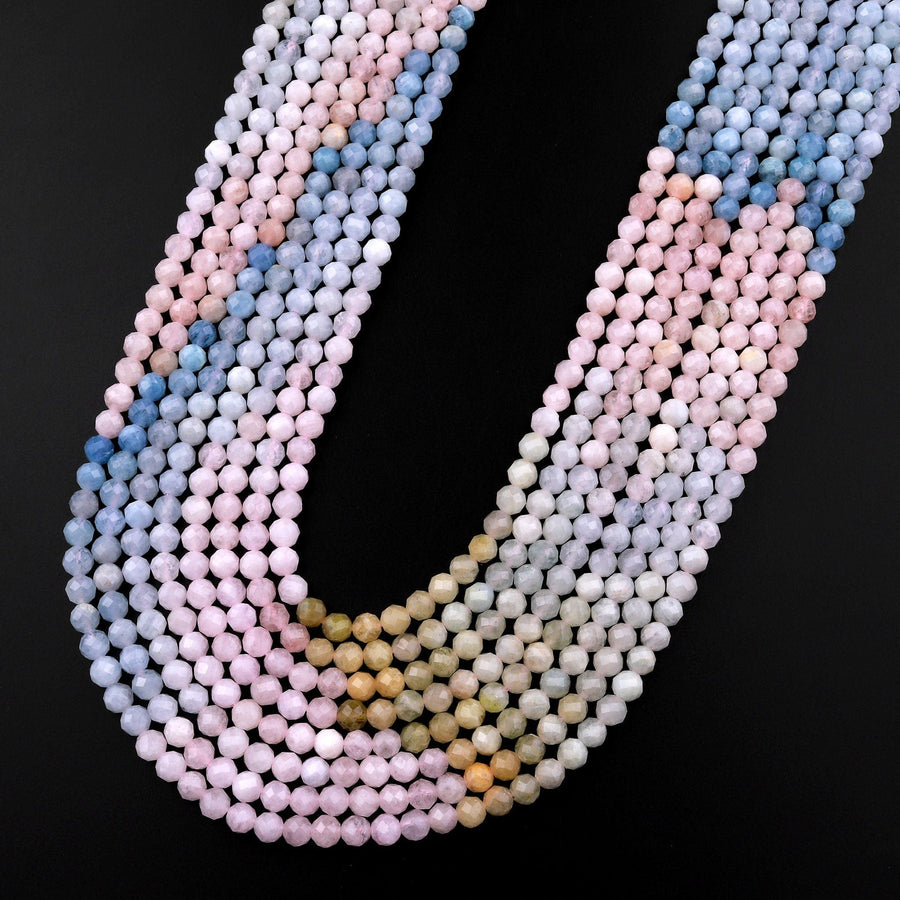 AAA Micro Faceted Pink Morganite Blue Aquamarine 4mm Round Beads 15.5" Strand