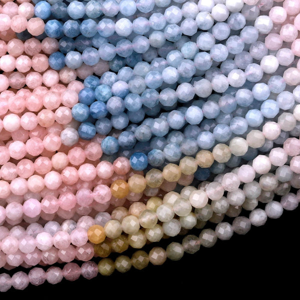 AAA Micro Faceted Pink Morganite Blue Aquamarine 4mm Round Beads 15.5" Strand
