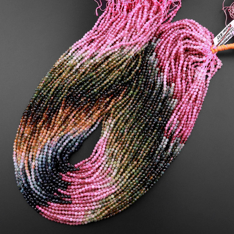 Natural Multicolor Pink Green Blue Yellow Tourmaline Micro Faceted 2mm 3mm Round Gemstone Beads 15.5" Strand