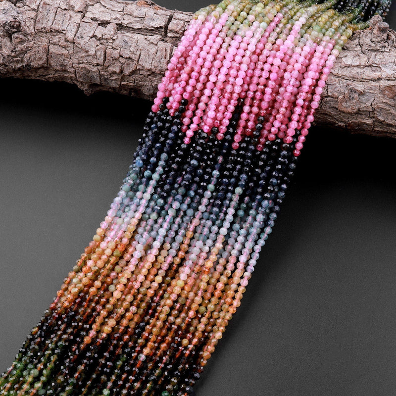Natural Multicolor Pink Green Blue Yellow Tourmaline Micro Faceted 2mm 3mm Round Gemstone Beads 15.5" Strand