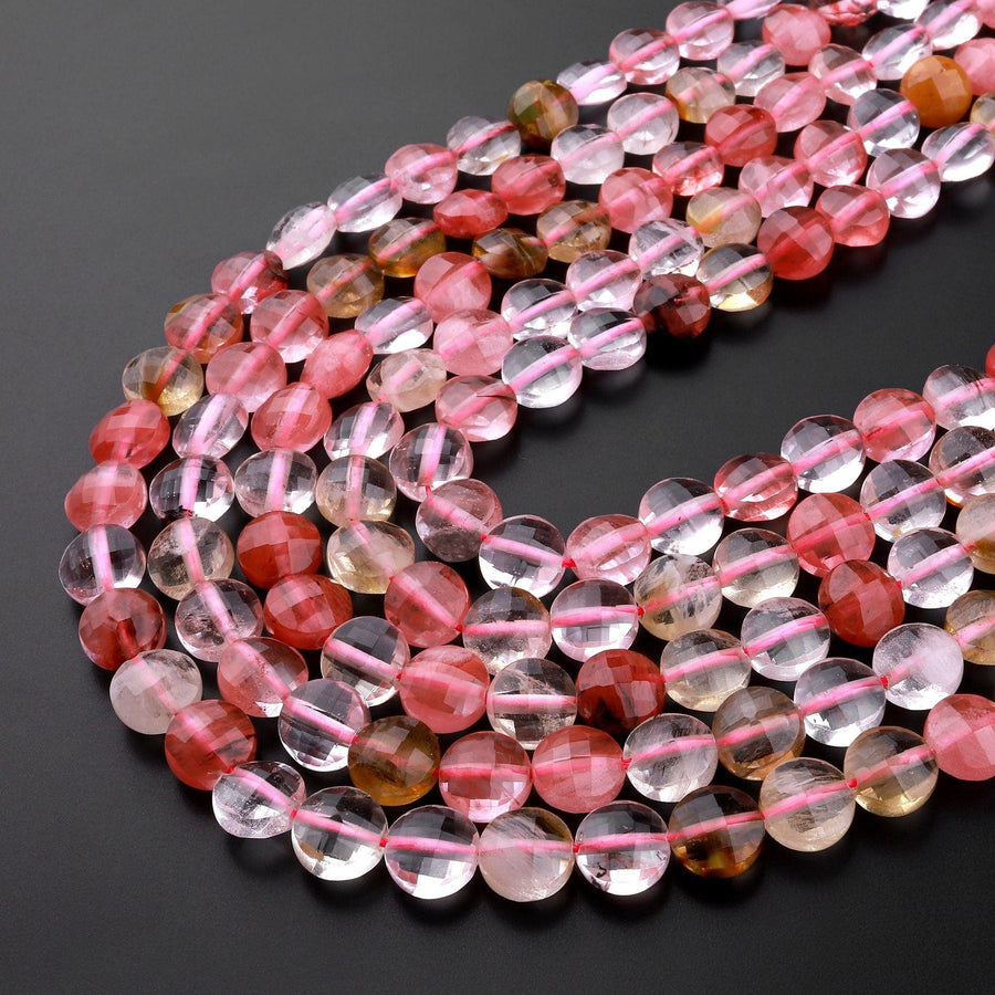 Faceted Cherry Quartz Coin Beads 6mm 8mm 10mm 15" Strand