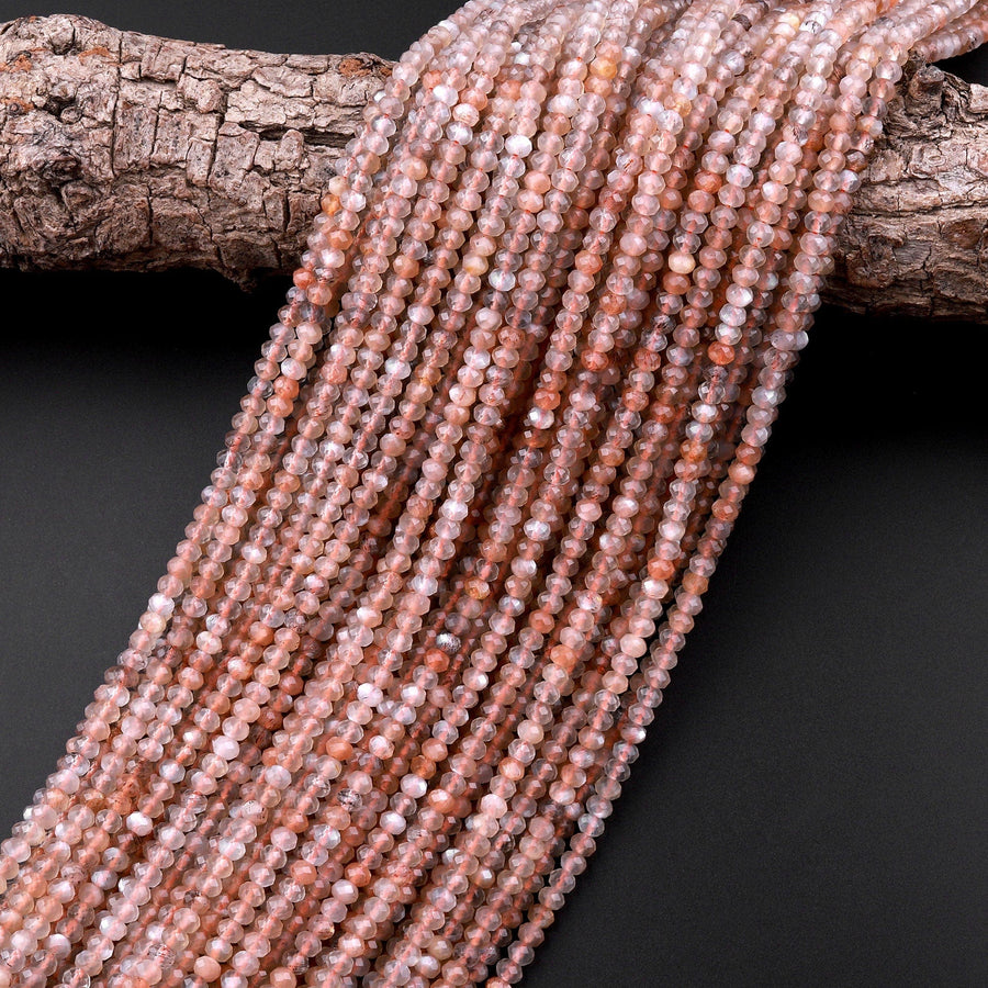 AAA Micro Faceted Natural Multicolor Peach Gray Moonstone 4mm Rondelle Gemstone Beads 15.5" Strand