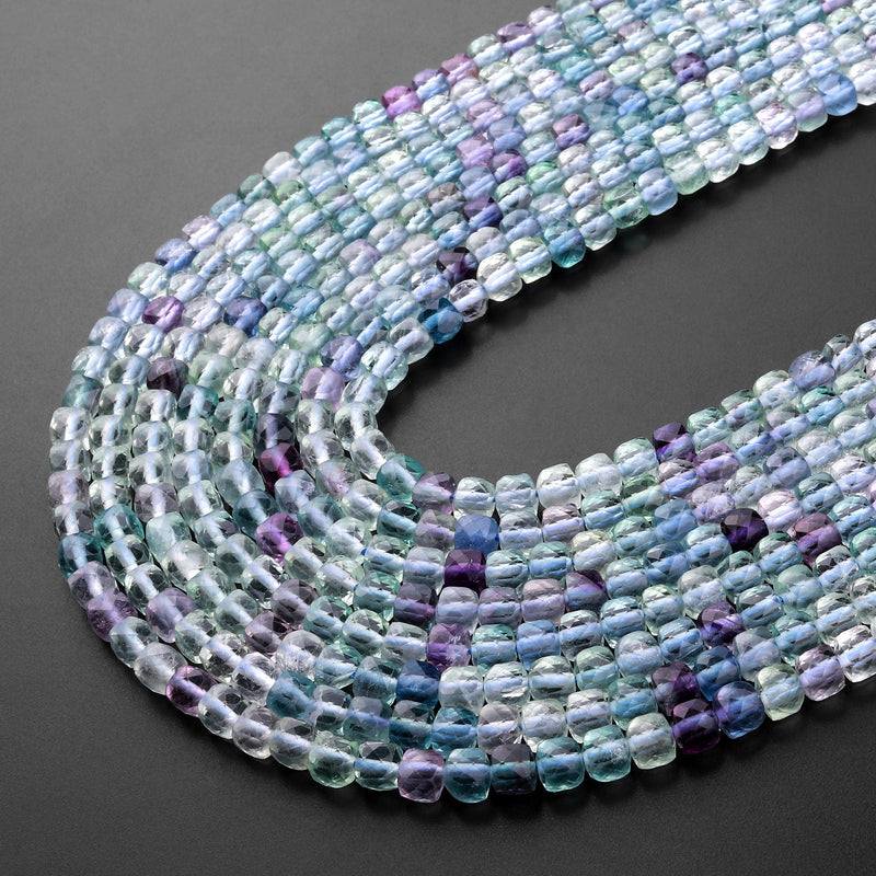 Natural Fluorite Faceted 4mm Cube Square Dice Beads Purple Blue Green Gemstone 15.5" Strand