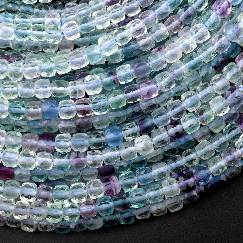 Natural Fluorite Faceted 4mm Cube Square Dice Beads Purple Blue Green Gemstone 15.5" Strand
