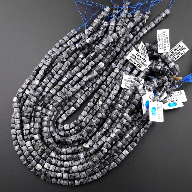 Natural Larvikite 6mm 8mm Beads Faceted Cube Aka Norway Moonstone 15.5" Strand