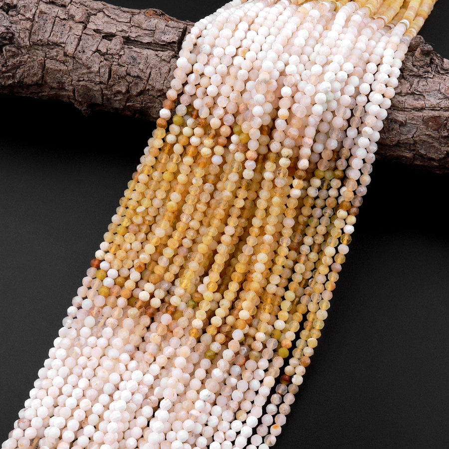 Micro Faceted Natural African Yellow white Opal 3mm 4mm Round Beads 15.5" Strand