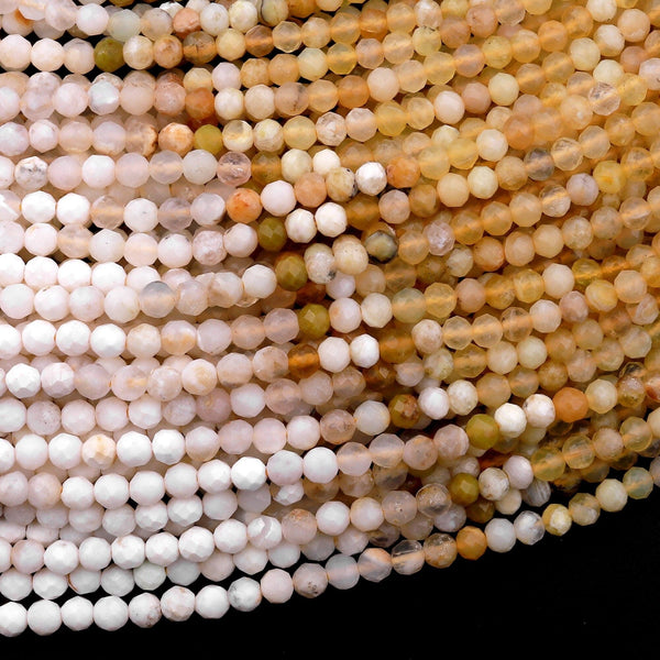 Micro Faceted Natural African Yellow white Opal 3mm 4mm Round Beads 15.5" Strand