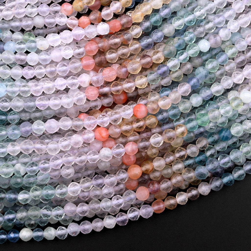 Micro Faceted Multicolor Mixed Gemstone Round Beads 4mm Fluorite Red Agate 15.5" Strand
